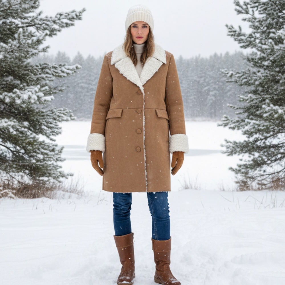 Camel Shearling Trim Winter Coat – Cozy Chic Cold Weather Jacket